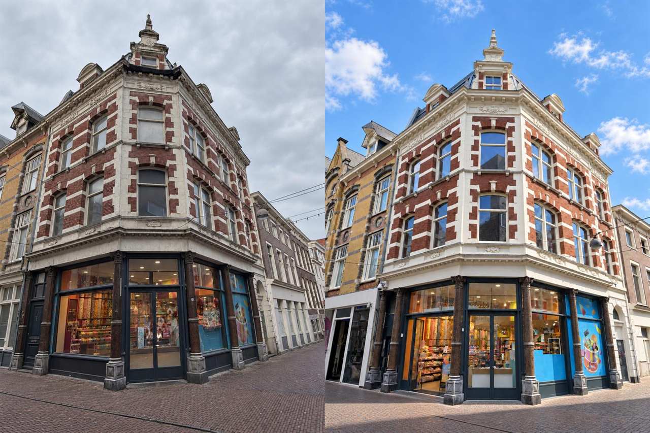 Het pand aan de Vlamingstraat voor en na de renovatie van de buitenzijde